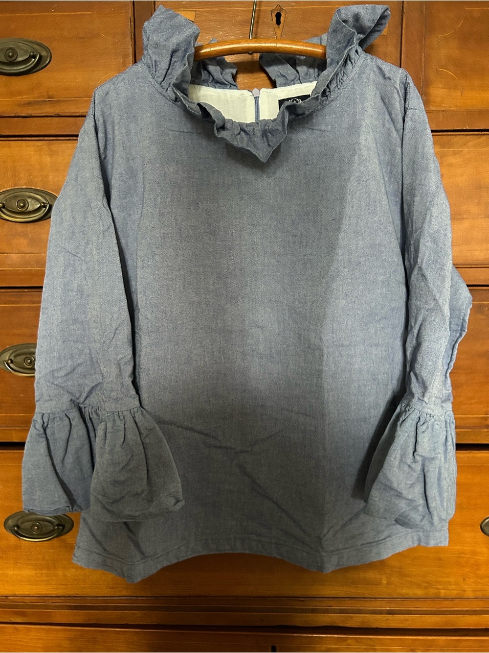 Ruffled Neck Blouse in Chambray Blue